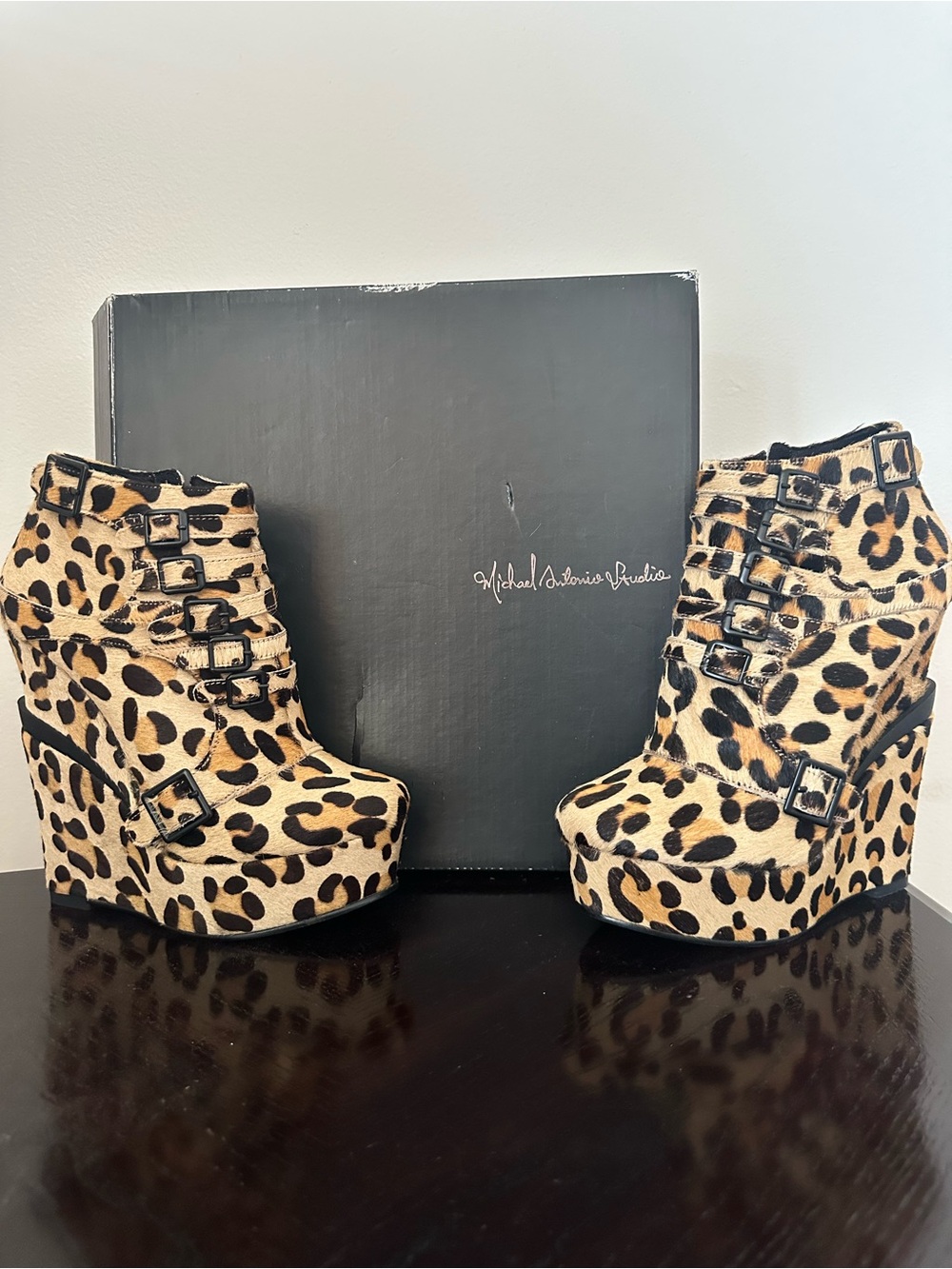 Michaelangelo Leopard Print Wedge Ankle Boots - Black & Tan